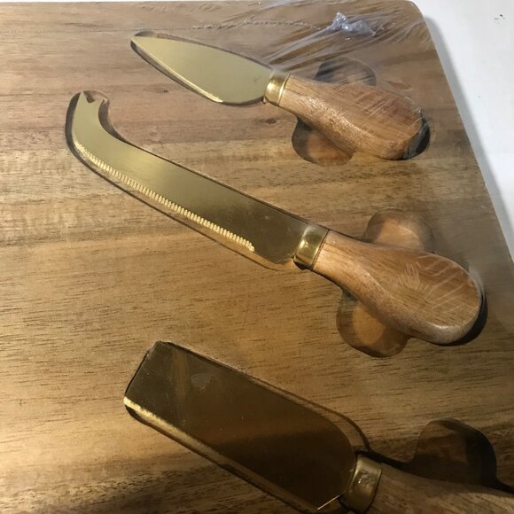 Acacia Wood Cheese Board Charcuterie Board 3 Stainless Steel Knives Gold Tone - Picture 7 of 9